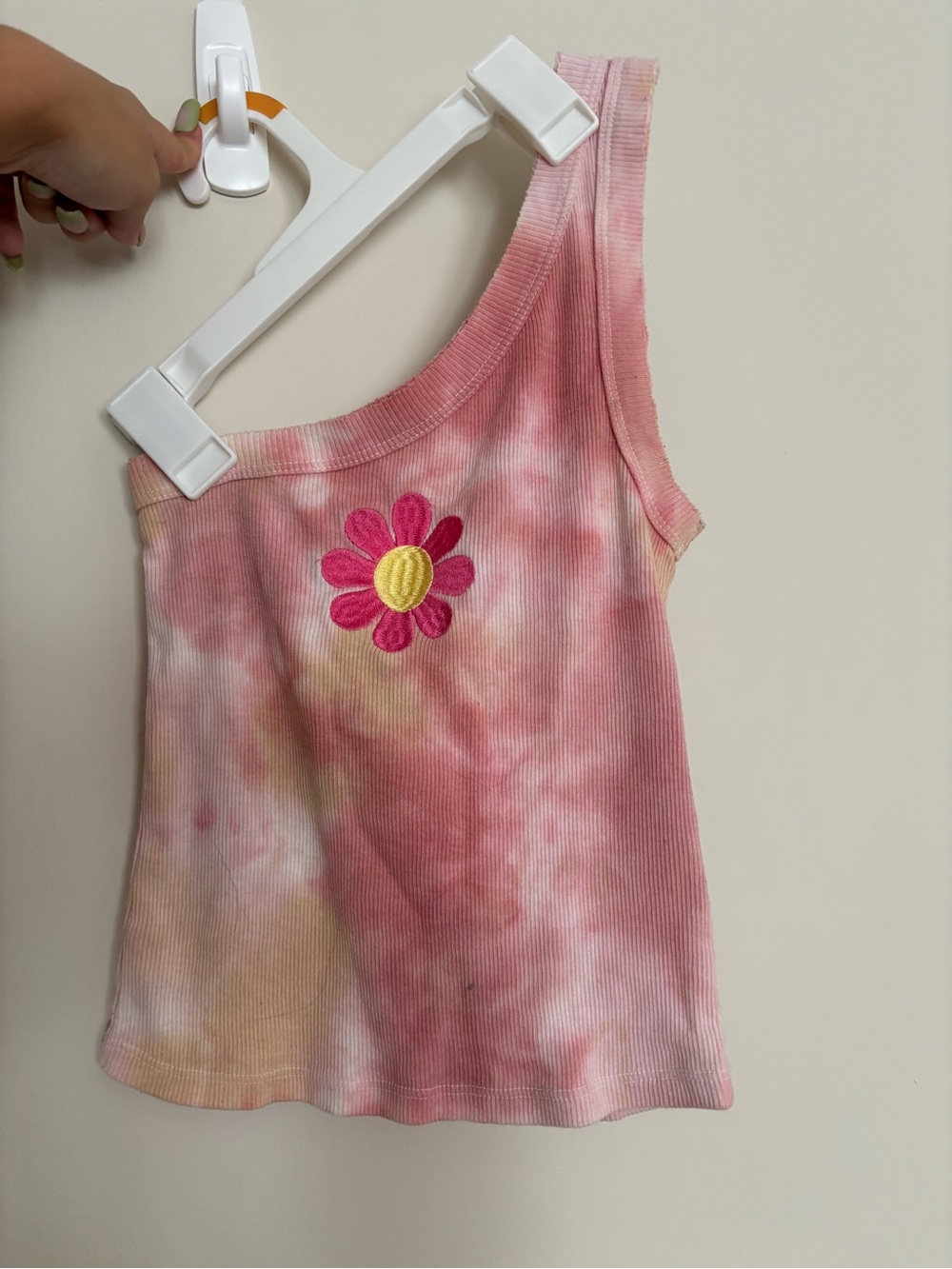 Urban Outfitters Pink Tie-Dye One-Shoulder Tank with Daisy Embroidery